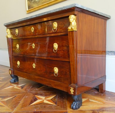 Consulat period mahogany chest of drawers, gilt bronze with mercury, cloverleaf lock & Turquin blue marble