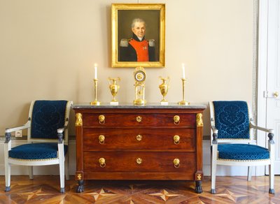 Consulat period mahogany chest of drawers, gilt bronze with mercury, cloverleaf lock & Turquin blue marble