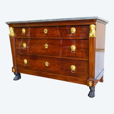 Consulat period mahogany chest of drawers, gilt bronze with mercury, cloverleaf lock & Turquin blue marble