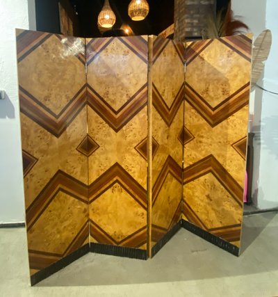 Paravento pieghevole a 4 pannelli Art Déco in legno impiallacciato 1930