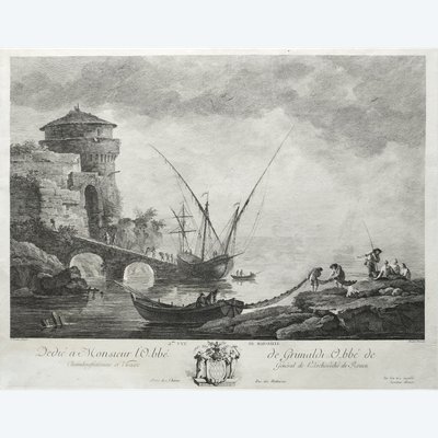 Marine Vue De Marseille Par Jacques Aliamet  d'Après Vernet Gravure Ancienne 18ème