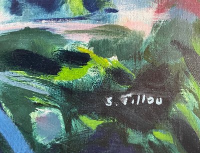 peinture tableau XX,  intitulé  le "Jardin" signé Serge Tillou (1928) nature colorée
