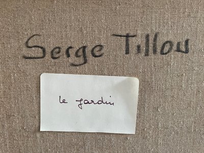 peinture tableau XX,  intitulé  le "Jardin" signé Serge Tillou (1928) nature colorée