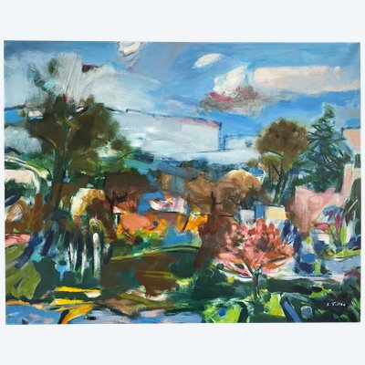 peinture tableau XX,  intitulé  le "Jardin" signé Serge Tillou (1928) nature colorée