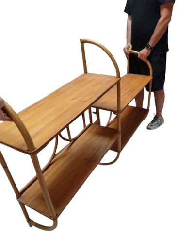 Scaffale a 4 ripiani in legno e rattan, vintage, anni '60