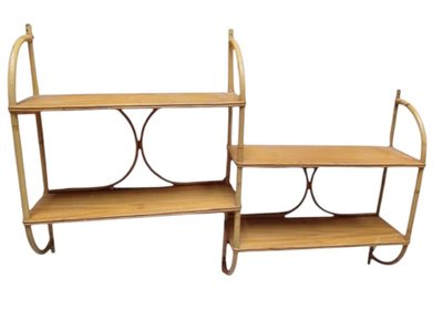 Scaffale a 4 ripiani in legno e rattan, vintage, anni '60