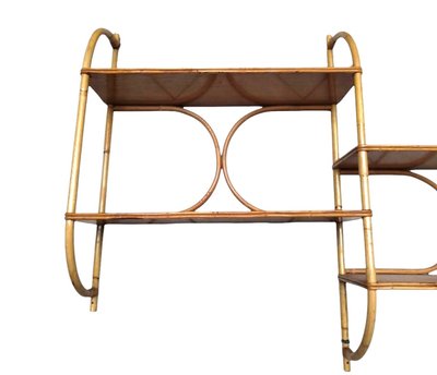 Scaffale a 4 ripiani in legno e rattan, vintage, anni '60