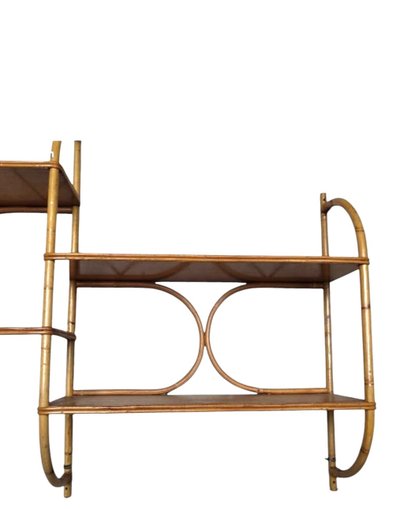 Scaffale a 4 ripiani in legno e rattan, vintage, anni '60