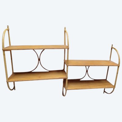 Scaffale a 4 ripiani in legno e rattan, vintage, anni '60