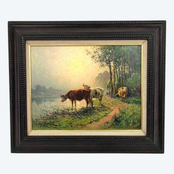 "Vaches s'abreuvant", huile sur toile signée Charles Lefèvre, fin XIXème