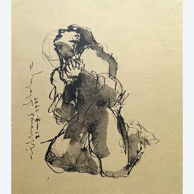 Femme Implorante - Originalzeichnung in Tinte Und Lavis
