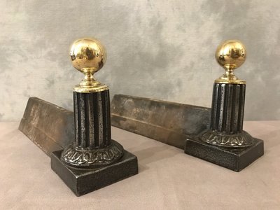 Pair of 19th century antique brass and cast iron andirons