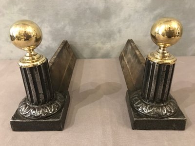 Pair of 19th century antique brass and cast iron andirons