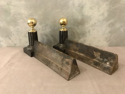 Pair of 19th century antique brass and cast iron andirons