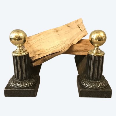 Pair of 19th century antique brass and cast iron andirons
