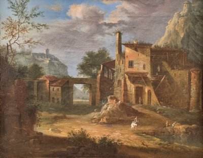 Französische oder italienische Schule des 18. Jahrhunderts - Belebte Landschaft mit einer Ruine