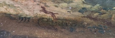 Französische oder italienische Schule des 18. Jahrhunderts - Belebte Landschaft mit einer Ruine
