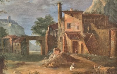 Französische oder italienische Schule des 18. Jahrhunderts - Belebte Landschaft mit einer Ruine