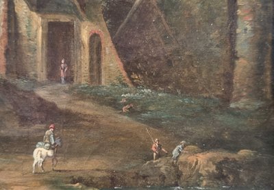 Französische oder italienische Schule des 18. Jahrhunderts - Belebte Landschaft mit einer Ruine