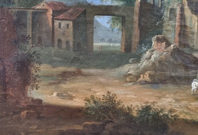 Französische oder italienische Schule des 18. Jahrhunderts - Belebte Landschaft mit einer Ruine