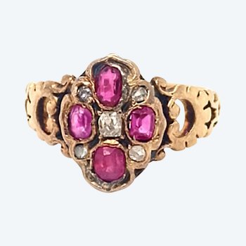 18th ring in ruby yellow gold and diamonds owl hallmark 750 for second-hand jewelry