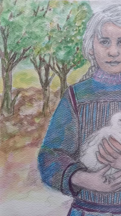 Porträt eines Mädchens mit einer kleinen Henne /Aquarell