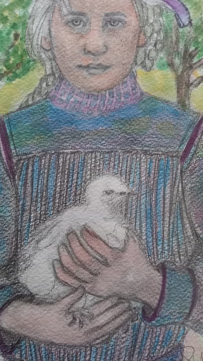 Porträt eines Mädchens mit einer kleinen Henne /Aquarell