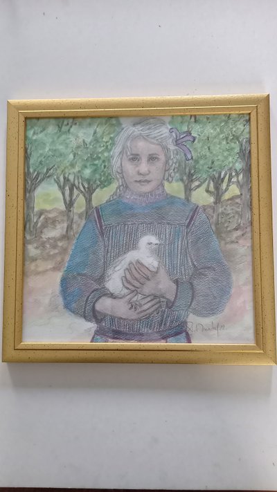 Porträt eines Mädchens mit einer kleinen Henne /Aquarell