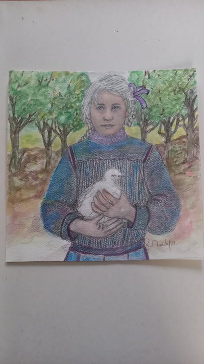 Porträt eines Mädchens mit einer kleinen Henne /Aquarell