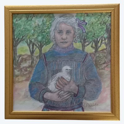 Porträt eines Mädchens mit einer kleinen Henne /Aquarell