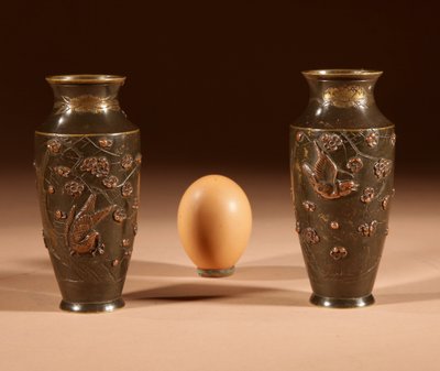 A Pair Of Small Japanese Bronze And Copper Vases Meiji Period 1868-1912