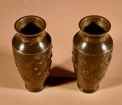A Pair Of Small Japanese Bronze And Copper Vases Meiji Period 1868-1912