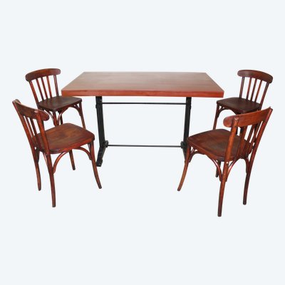 Bakelite-topped bistro table with 4 Art Deco beech chairs