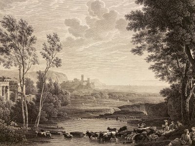 Bestiaux passant une rivière, Le Lorrain, Gravure au burin, XIXe siècle