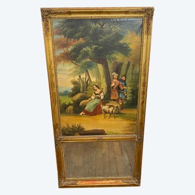 Trumeau En Bois Doré d'époque XIXe Siècle Scène Romantique - 69cm X 140cm