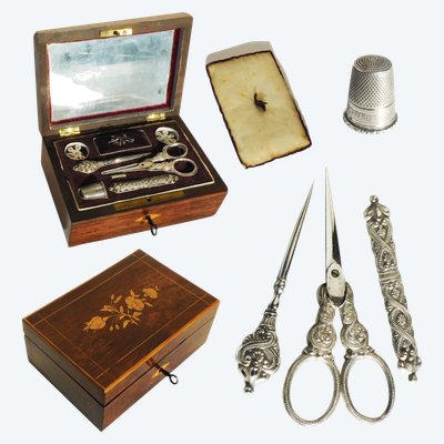Coffret Marquetté Nécessaire De Couture En Argent Massif Charles X Scissors Thimble Case