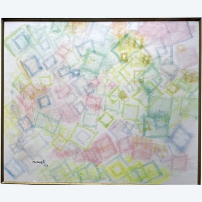 Aquarelle, abstraction géométrique  signée Daniel Ravel et datée de 1959.