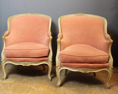 Paire De Bergères De Style Louis XV En Hêtre Peint Vers 1900