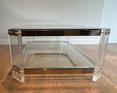 Table Basse Octogonale En Plexiglass Et Chrome. French work by La Maison Jansen. Circa 1970