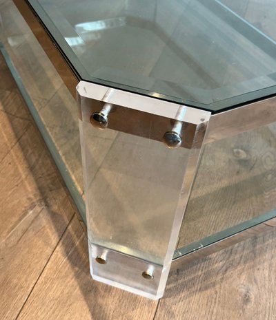 Table Basse Octogonale En Plexiglass Et Chrome. French work by La Maison Jansen. Circa 1970