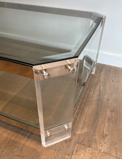 Table Basse Octogonale En Plexiglass Et Chrome. French work by La Maison Jansen. Circa 1970