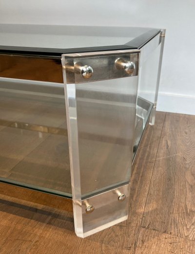 Table Basse Octogonale En Plexiglass Et Chrome. French work by La Maison Jansen. Circa 1970