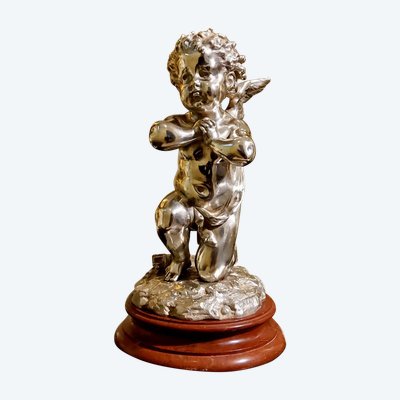 Scultura in bronzo argentato "Cupido" di Louis Kley, XIX secolo Base in marmo