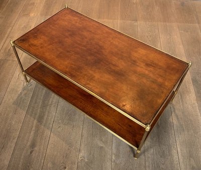 Importante Table Basse De Style Néoclassique En Laiton à Deux Plateaux De Cuir.