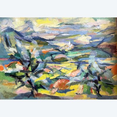großes Gemälde von Claude Vallet Landschaft in Südfrankreich Olivenbaumfelder