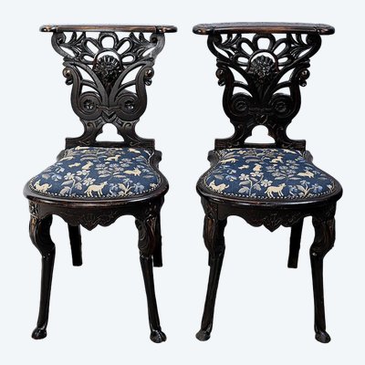 Pair of Travelling Chairs in Blackened Wood, Napoleon III period - Mid-19th century