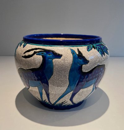 Ceramic "Deer and Doe" Planter. Belgian Work, Signed and Marked