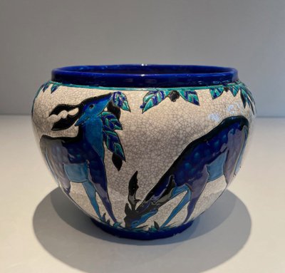 Ceramic "Deer and Doe" Planter. Belgian Work, Signed and Marked