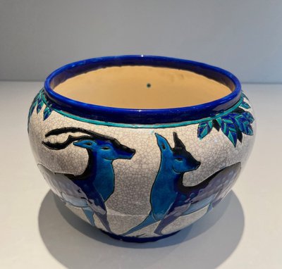 Ceramic "Deer and Doe" Planter. Belgian Work, Signed and Marked