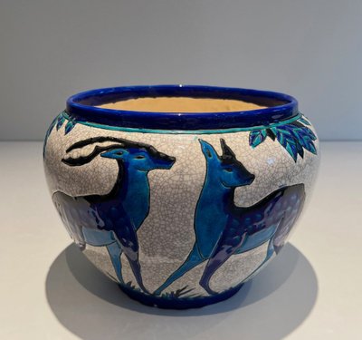 Ceramic "Deer and Doe" Planter. Belgian Work, Signed and Marked